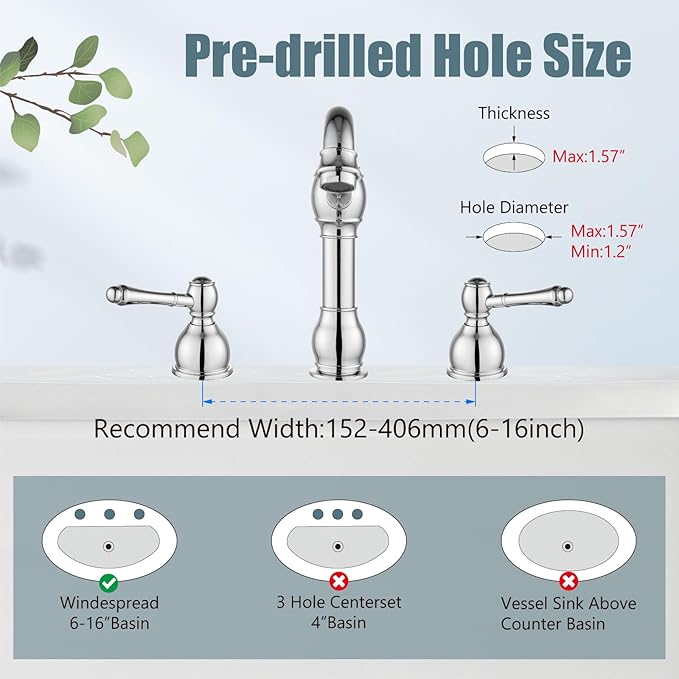 Aolemi 8 Inch Widespread Bathroom Sink Faucet 3 Hole Deck Mount Vanity Basin Mixer Tap with Pop Up Drain Assembly Polish Chrome Double Lever Handle