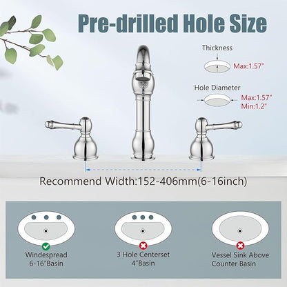 Aolemi 8 Inch Widespread Bathroom Sink Faucet 3 Hole Deck Mount Vanity Basin Mixer Tap with Pop Up Drain Assembly Polish Chrome Double Lever Handle