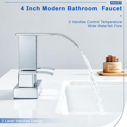 Chrome Bathroom Sink Faucet 2 Handles with Pop up Drain - Waterfall Bathroom Faucet Set 4 inch 2 or 3 Holes Centerset Mixer Tap Faucet with Supply Hoses for Bathroom Vanity Sink Vessel Basin