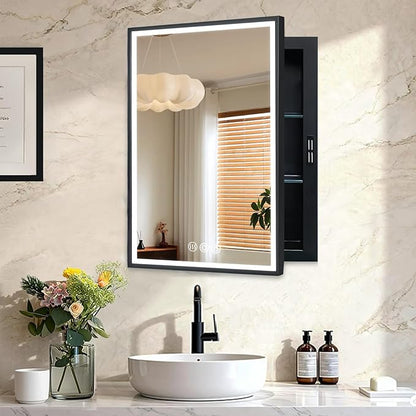 LED Lighted Medicine Cabinet with Mirror, Recessed or Wall Mounted Bathroom Mirror with Storage, Anti-Fog, 3-Color Dimming, Adjustable Shelves, Black Metal Frame - 14x18 inch