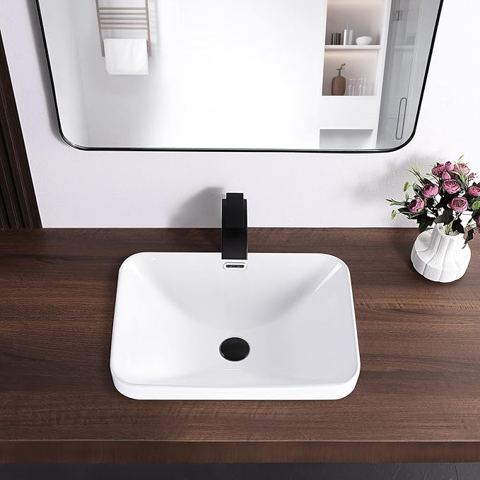 Bathroom Vessel Sink 20.6'' x 14.7'' Semi Recessed Bathroom Sink Rectangular Drop-in Vanity Sink with Overflow White Ceramic Modern Art Basin