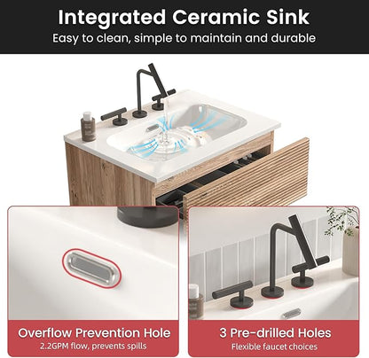 24" Floating Bathroom Vanity with Sink, Modern Wall Mounted Floating Vanity with Ceramic Sink, Double Soft-Close Drawers for Small Space, Apartment, Rough Oak