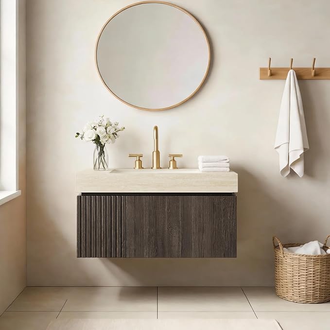 30" Floating Bathroom Vanity with Sink, Wall Mounted Storage Vanities with Drawer and Door, Roma Travertine-Pattern Top and 3 Pre-drilled Faucet Holes Basin, Pre-Assembled Cabinet, Espresso Woodgrain