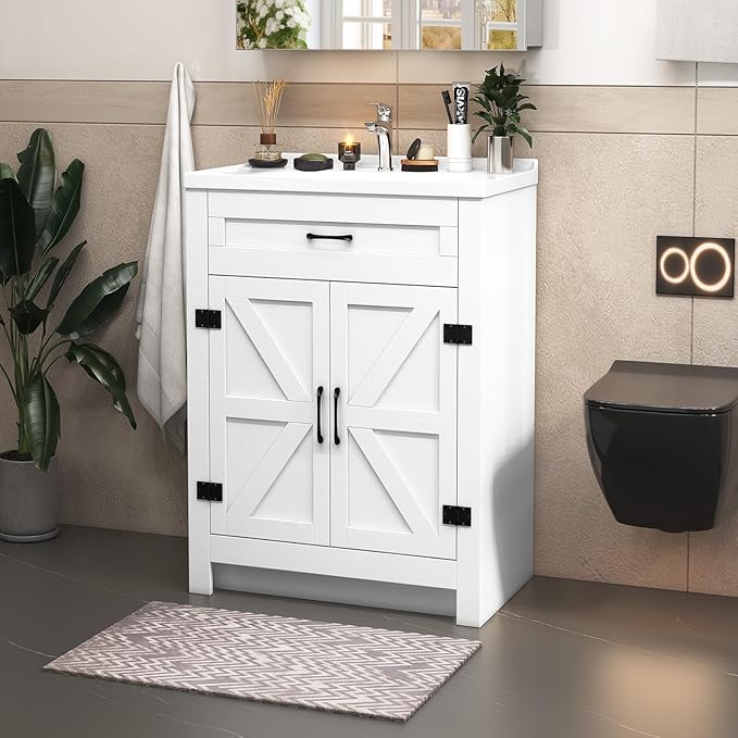 23.1inch Bathroom Sink Vanity Combo, Small Freestanding Single Bath Vanity Sink Set with 2 Doors, Single Basin Bathroom Storage Cabinet, White