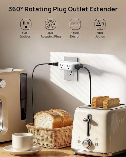 TROND Outlet Extender with 360 Rotating Plug, Outlet Splitter with 4 Grounded Sockets, 3 Way Angled Plug Adapter, 900J Surge Protection, Electrical Wall Expander for Bathroom Kitchen Office, White