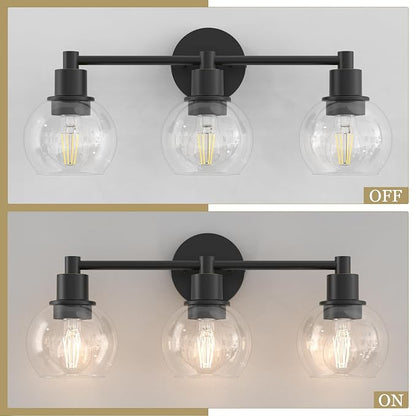 3 Lights Bathroom Vanity Light Fixtures Black, Bathroom Lights Over Mirror, Industrial and Farmhouse 3 Lights Wall Sconce, Matte Black Globe Vanity Lighting Fixtures