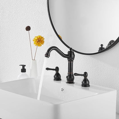 GGStudy 2 Handles 3 Holes Faucet Widespread Bathroom Sink Faucet Basin Tap Mixer Supply Hose Included Matching Pop Up Drain Oil Rubbed Bronze