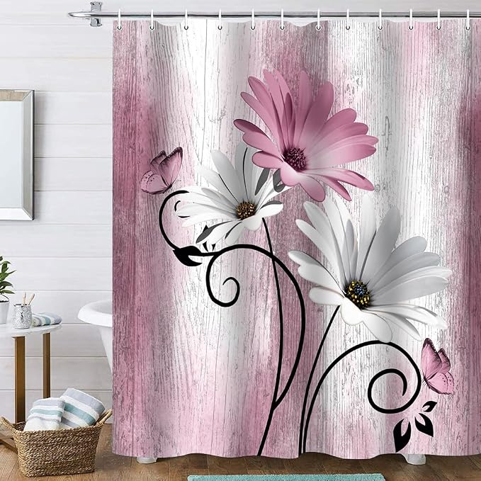 Onalasyc 4PCS Pink Daisy Floral Bathroom Sets with Shower Curtain and Rugs | Country Floral Butterfly Shower Curtain Set,Modern Bathroom Decor Shower Curtains Set with Rugs Toilet Lid Cover and 12 Hooks