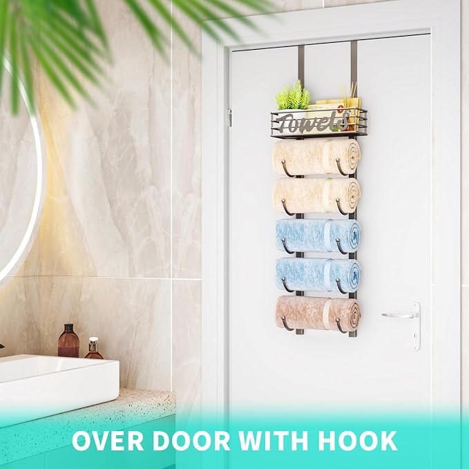 HapiRm Towel Racks for Bathroom Storage - 6 Tier Over The Door & Wall Mount Rolled Towel Storage Organizer Holder with Metal Shelf Basket for Small Bathroom, Camper, Rv - Patented