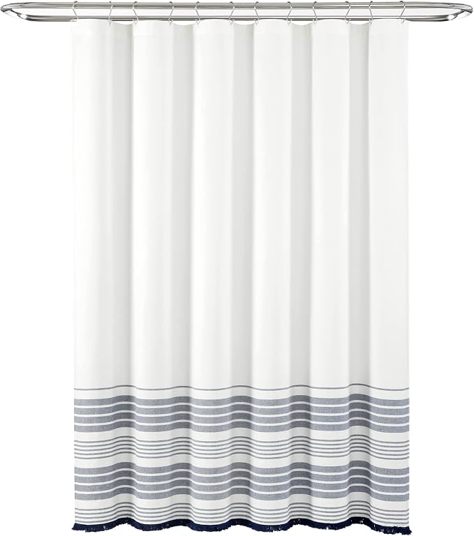 Lush Decor Nantucket Yarn Dyed Cotton Blend Tassel Fringe Shower Curtain Single 72" W x 72" L White & Navy - White Shower Curtains for Bathroom Curtain