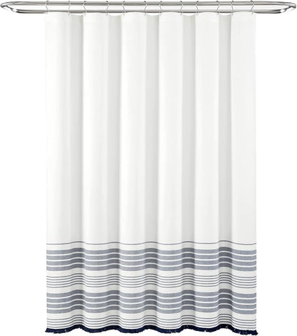 Lush Decor Nantucket Yarn Dyed Cotton Blend Tassel Fringe Shower Curtain Single 72" W x 72" L White & Navy - White Shower Curtains for Bathroom Curtain