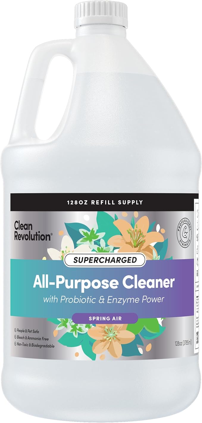 Clean Revolution SuperCharged All Purpose Cleaner Refill with Smart Probiotic + Enzyme Complex, Multi-Surface Kitchen Bathroom & Floor Cleaner, Spring Air, 128 Fl Oz