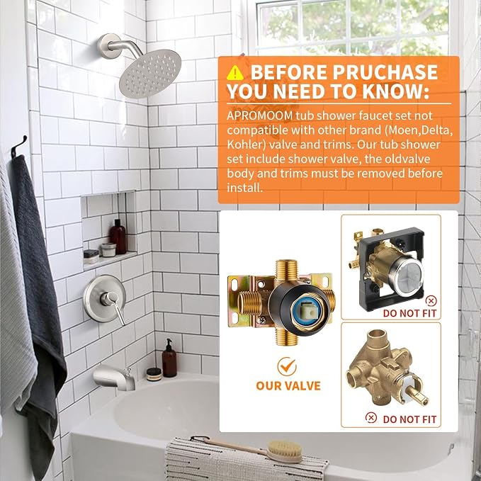 Tub Shower Faucet Set (Valve Included) with 6-Inch Rain Shower Head and Tub Spout Single-Handle Tub and Shower Trim Kit Brushed Nickel