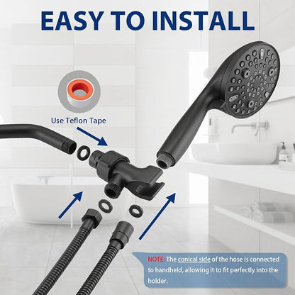 High Pressure 10 Setting Handheld Shower Head, 5" Detachable Showerhead Spray Built-in Power Wash to Clean Tub, Tile & Pets, 79" Extra Long Stainless Steel Hose, Adjustable Bracket - Matte Black