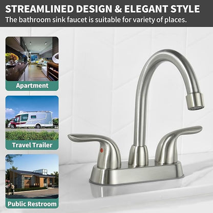 Bathroom Sink Faucets, 4 Inch, 2 Handle Centerset, Pop-up Drain Stopper, Supply Hoses (4-inch Centerset Faucet, Brushed Nickel)