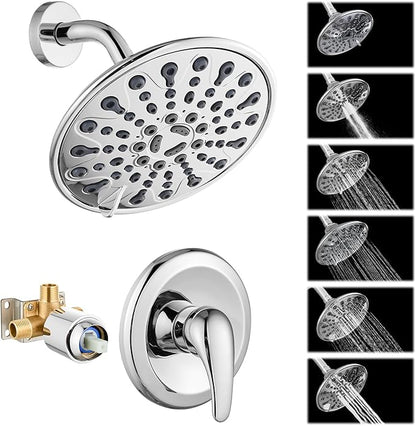 gotonovo Shower Faucet Set with Valve 6 Mode Rain Head Polished Chrome | Bathroom Shower Head and Handle Set Complete Combo,6 Mode Multi 6’’ ABS Rainfall Showerhead,Brass Valve Trim Kit,Wall Mount