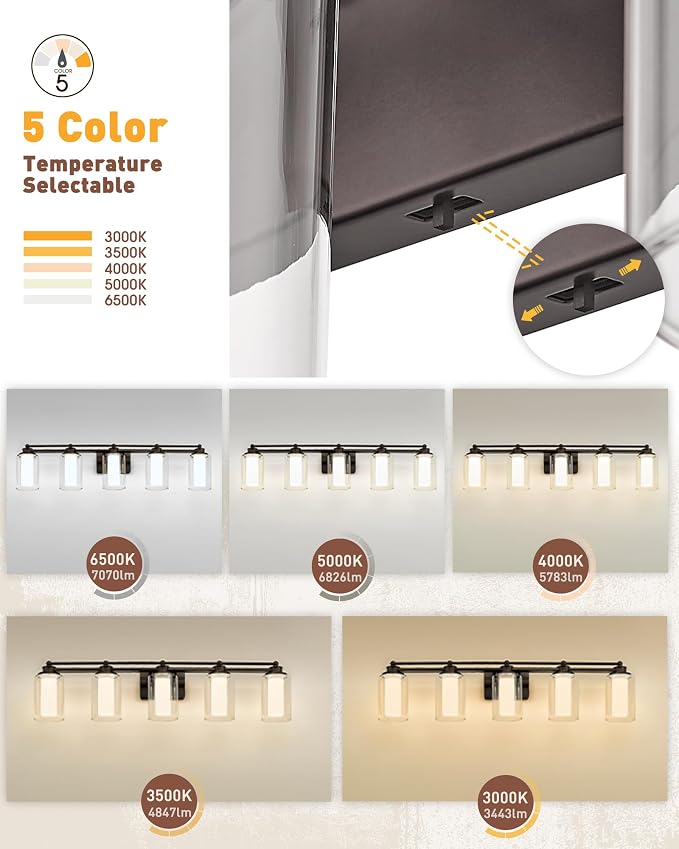 HWH 5-Light Bathroom Vanity Light Fixture, Clear Glass, 5HLT63B-5W-LED ORB | Dimmable, 5CCT, Oil-Rubbed Bronze, 30W, Bathroom Lights Over Mirror, Vanity Lights, Smooth LED Brightness Adjustment
