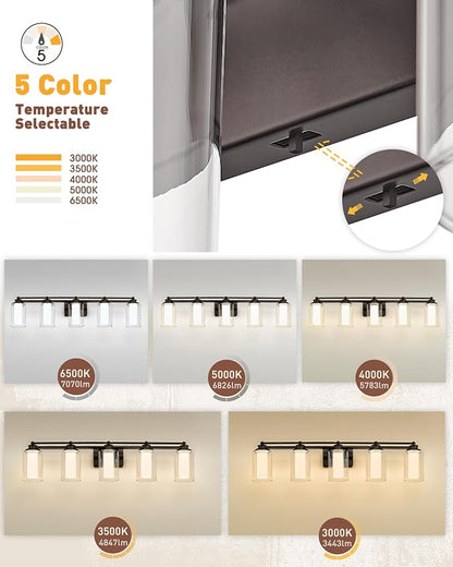 HWH 5-Light Bathroom Vanity Light Fixture, Clear Glass, 5HLT63B-5W-LED ORB | Dimmable, 5CCT, Oil-Rubbed Bronze, 30W, Bathroom Lights Over Mirror, Vanity Lights, Smooth LED Brightness Adjustment
