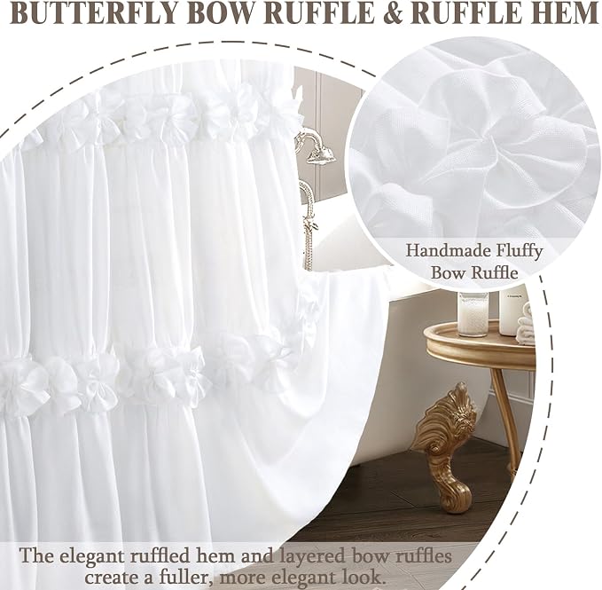 Cute White Ruffle Shower Curtain Vintage Farmhouse Linen 72" W x 72" H | Linen Blend Fabric, Ruffle Bow and Ruffled Hem，Linen Texture，Machine Washable，12 Metal Holes and Plastic Hooks