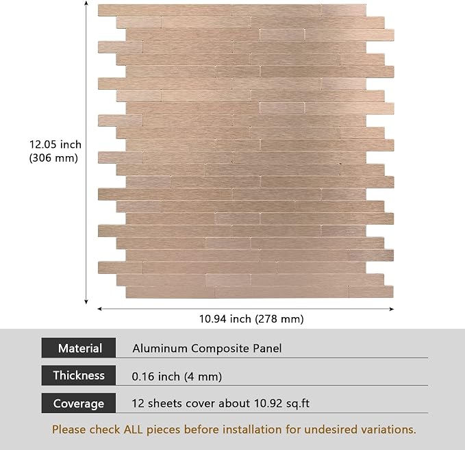 Peel and Stick Backsplash for Kitchen, Brushed Aluminum Copper Backsplash Metal Stick on Wall Tile (12 Sheets)