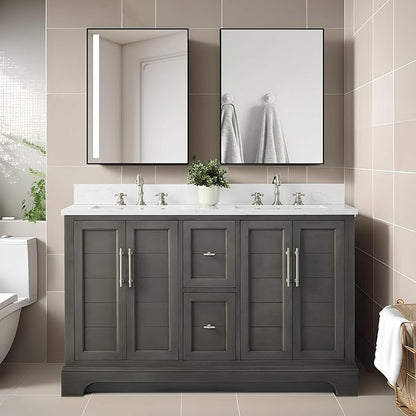 HOMEBEYOND 54 Inch Bathroom Vanity with Double Sink & Ceramic Top, Vanity Cabinet with Center Countertop Basin, Soft-Closing Doors, Backsplash,Sliver Grey