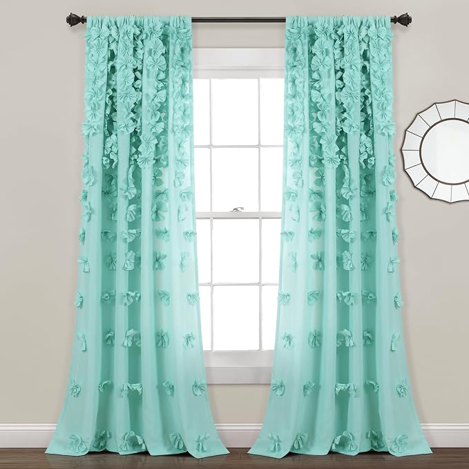 Lush Decor Riley Light Filtering Window Curtain Panel, Single 54" W x 84" L, Aqua - Cute Blue Curtains for Bedroom - Bow Decor - Coquette Curtains for Windows