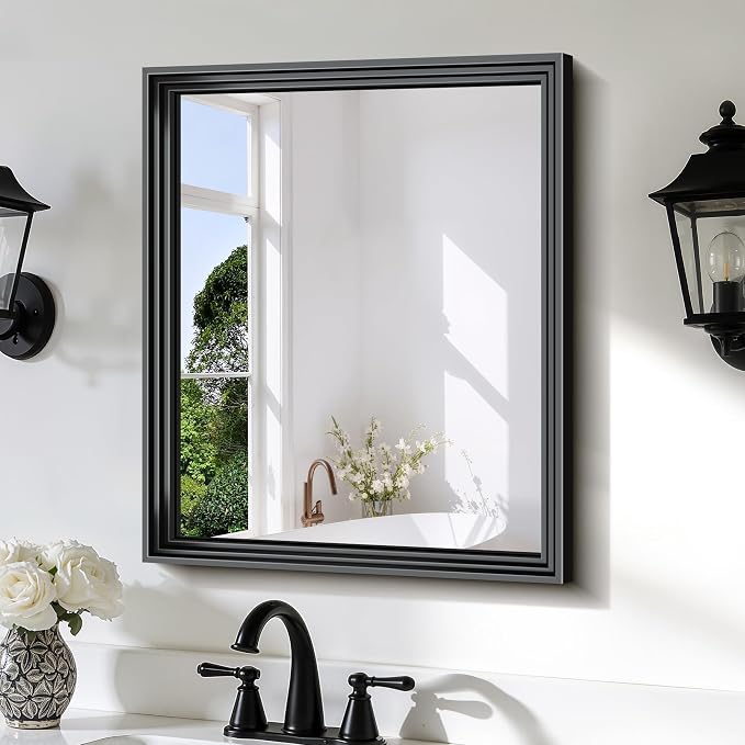 BONEWEI Black Bathroom Mirrors for Wall,20x24 inch Bathroom Mirror Over Sink,Rectangle Metal Framed Vanity Mirror Wall Mounted for Bedroom Living Room,Entryway Hangs Horizontal or Vertical Decor