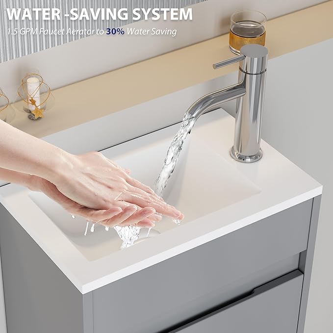 eclife 16" Small Bathroom Vanity Sink Combo, Modern Painted Wall Mounted Floating Cabinet W/Resin Basin Sink Top, Chrome Water Save Faucet & Pop Up Drain (B10G)