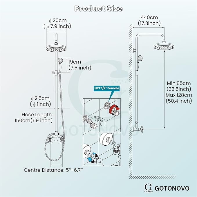 gotonovo Exposed Shower Faucet Set Luxury,Oil Rubbed Bronze,Straight Rod | Bathroom 8” Shower Head with Handheld Spray System Fixtures,Vintage Two Cross Handle,Wall Mount,for 5-6.7" Hole,Adjust Height