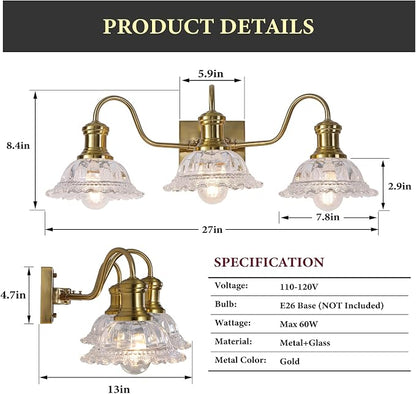 Champagne Gold Vanity Lights, 3-Light Bathroom Light Fixtures with Clear Glass Shade, Vintage Vanity Lights Over Mirror, Farmhouse Wall Light for Bathroom, Vanity Table, Bedroom, Hallway