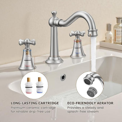 Hurran 8 Inch Widespread Bathroom Sink Faucet Brushed Nickel, 3 Hole 2 Cross Handles Classic Vintage Antique Faucet with Metal Pop Up Drain and Supply Hoses for Vanity, RV, Farmhouse