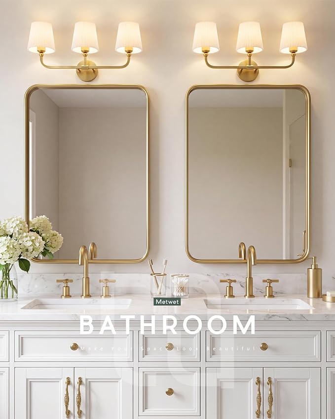3-Light Brushed Gold Bathroom Vanity Light, Pleated Fabric Shade | 24.75" 3-light gold double wall sconce with white pleated fabric shades, E26 bulbs, hardwired, upward only, VL837-BG-Z-3