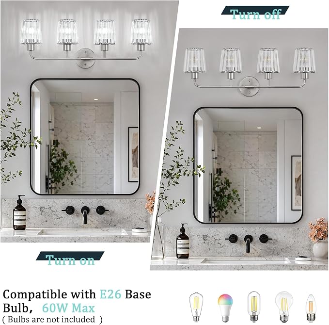Brushed Nickel Vanity Lights 4-Light Crystal Bathroom Light Fixtures | Modern Bathroom Vanity Light E26 Wall Light over Mirror (Exclude Bulb)