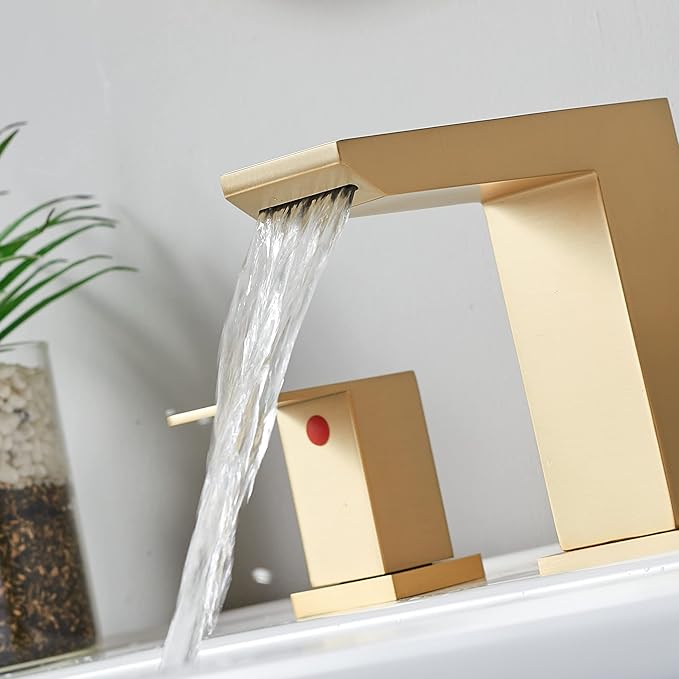 Brushed Gold Bathroom Sink Faucet, 3 Hole Waterfall Bathroom Faucet, 2 Handle Vanity Bath Faucets, Modern Bathroom Faucet with Supply Hoses and Drain, HT-BF301