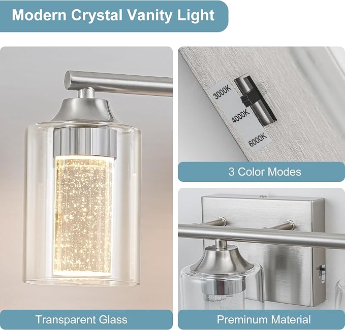 4-Light Brushed Nickel Bathroom Vanity Light with 3 Color Modes (3000K/4000K/6000K), Dimmable Modern Wall Light Over Mirror with Clear Glass Shade