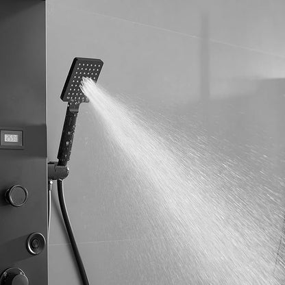 Shower Panel Tower System, Stainless Steel Multi-Function Shower Panel, Shower Tower with 5 Body Jets Handheld Shower Wand Tub Spout and Rainfall Head Temperature Display, Black