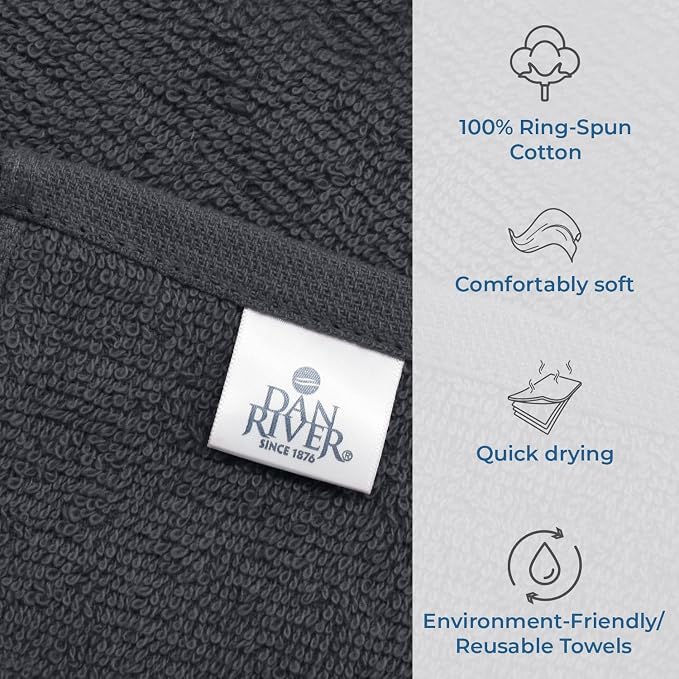 DAN RIVER 12 Pack Cotton Wash Cloths Set for Showering [12x12] Charcoal | Lighter Weight, Quick to Dry, Super Soft & Absorbent Face Towels, Hotel Quality, Perfect for Bathroom, Gym, Spa