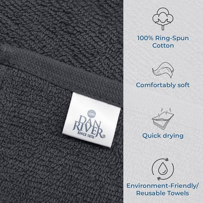 DAN RIVER 12 Pack Cotton Wash Cloths Set for Showering [12x12] Charcoal | Lighter Weight, Quick to Dry, Super Soft & Absorbent Face Towels, Hotel Quality, Perfect for Bathroom, Gym, Spa