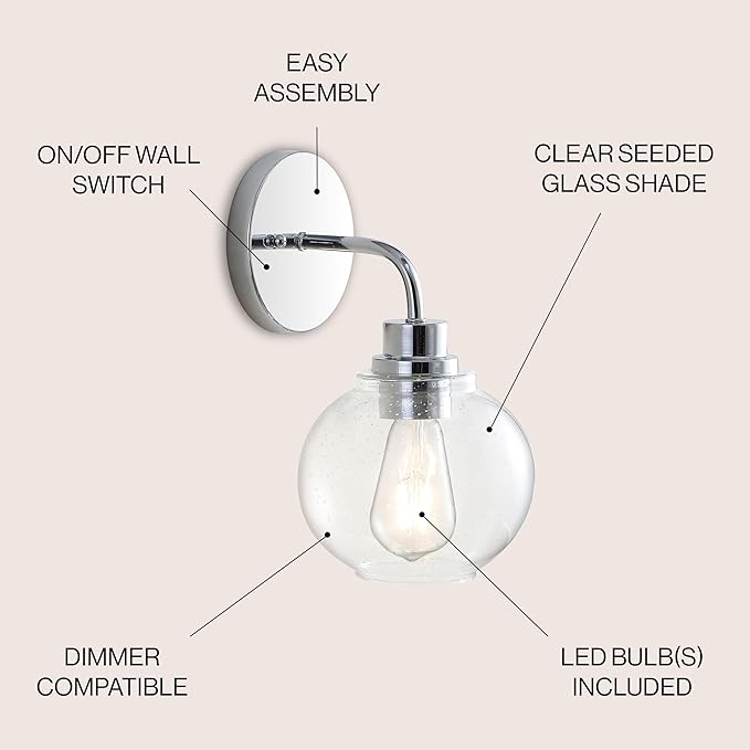 JONATHAN Y 6.5" Chrome 1-Light Farmhouse LED Vanity Light Wall Sconce for Bathroom, Clear Seeded Glass Shade, Industrial Iron Indoor Fixture, LED Bulb Included (JYL7526B)