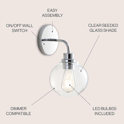 JONATHAN Y 6.5" Chrome 1-Light Farmhouse LED Vanity Light Wall Sconce for Bathroom, Clear Seeded Glass Shade, Industrial Iron Indoor Fixture, LED Bulb Included (JYL7526B)