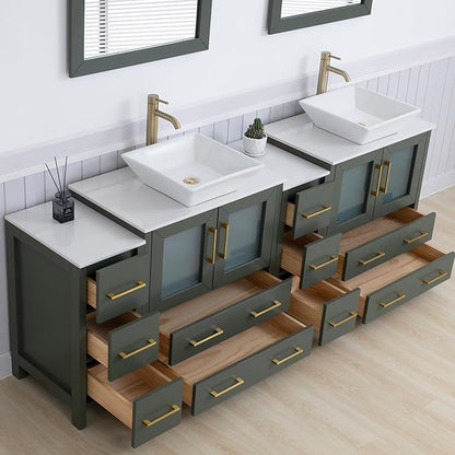 Vanity Art 84 Inch Vessel Double Sink Bathroom Vanity Cabinet with 2 Mirrors, Engineered Marble Top Bathroom Cabinet Compact Set with 10 Dovetail Drawers and Soft Closing Doors, VA3130-84VG