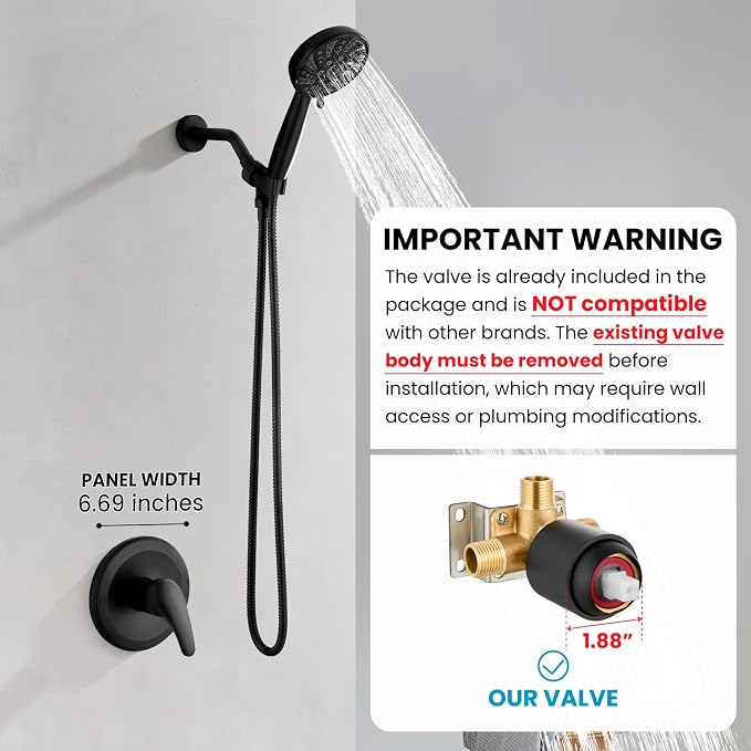 gotonovo Shower Faucet Set with Valve Kit 6 Mode Handheld Matte Black | Bathroom Shower Head and Handle Set,6 Modes ABS Handheld Spray,Pressure Balance Valve and Trim Kit Complete,Single-Handle