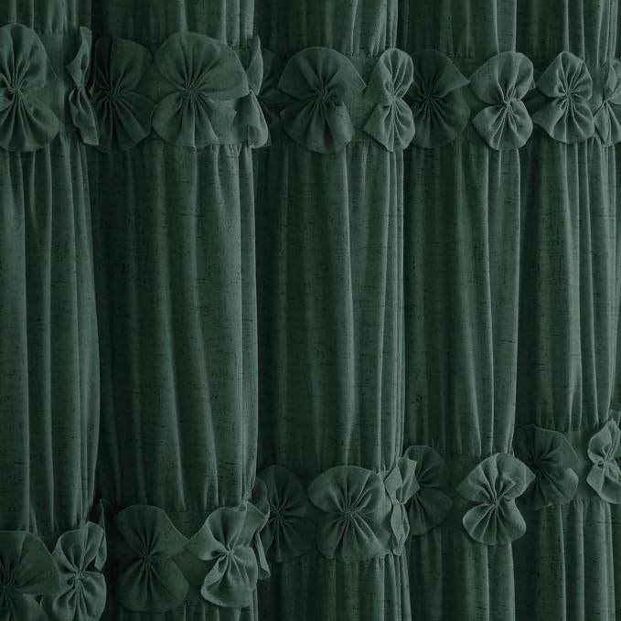 Ruffle Farmhouse Linen Shower Curtain with Vintage Dark Green 72" W x 72" H | Linen Blend Fabric, Ruffle Bow and Ruffled Hem，Linen Texture，Machine Washable，12 Metal Holes and Plastic Hooks
