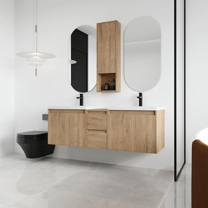 60'' Floating Bathroom Vanity with Double Sink, and 1 Side Cabinet, Brown | Double Sink Combo with 12" Side Cabinet, Plywood Cabinet, Resin Basin, Ample Storage, Soft-close Hinge, Assembly Required
