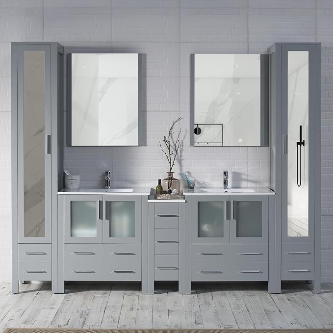 Blossom 102" Solid Wood Master Bathroom Vanity Set – Pre-Assembled Double Sink Cabinet with Storage Tower Combo & Soft Close Drawers – High End Furniture Grade Luxury Vanity in Metal Grey