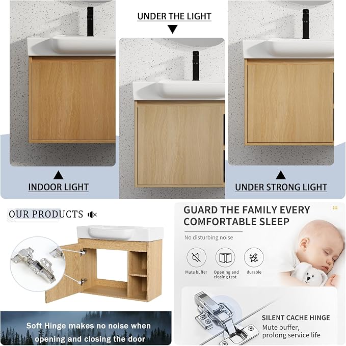 28" Bathroom Vanity with Ceramic Sink, Farmhouse Cabinet, Light Oak | Ceramic Sink, Soft-Close Door, Interior Compartment and 2-Tier Open Side Shelves, 45° Inclined Edge Handle