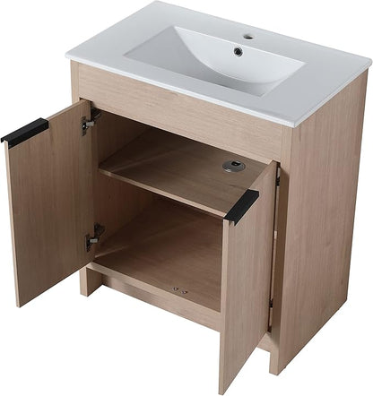 SSLine 30-Inch Bathroom Vanity with Sink Mid-Century Bathroom Vanities with Top Basin Floor Wood Bathroom Sink Cabinet with Soft-Close Doors & Adjustable Storage Shelves (Light Oak)