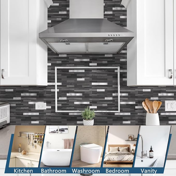 Yipscazo 10 Sheets Peel and Stick Stone Metal Backsplash, PVC Wall Tiles Stick on Tiles for Backsplash Kitchen, Bathroom, Fireplace (6'' X 12'', Black Wood)