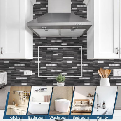 Yipscazo 40 Sheets Peel and Stick Wood Metal Backsplash Tiles, Stick on Backsplash Tiles for Kitchen (6'' X 12'', Black Wood)
