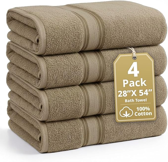 LANE LINEN Bathroom Towel Set 4 Piece Soft Absorbent Quick Dry - Taupe | Cotton Towel Set - Coordinated Colors, Dobby Border Accent, OEKO-TEX Certified, Zero-Twist Durability, Zero-Twist Cotton